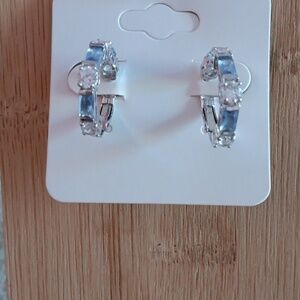 Silver Tone Rhinestone Lever Back Hoop Earrings